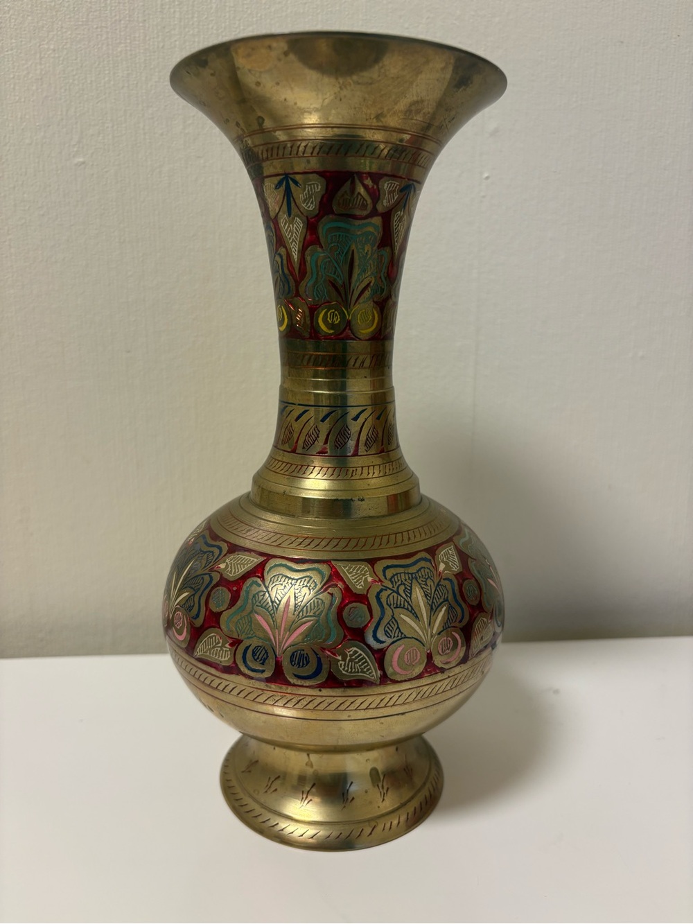 Vintage Brass 9 Inch Tall Vase Engraved Enameled Detail